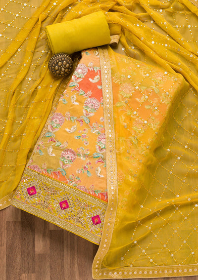 Mustard Stonework Banarasi Silk Unstitched Salwar Suit-Koskii