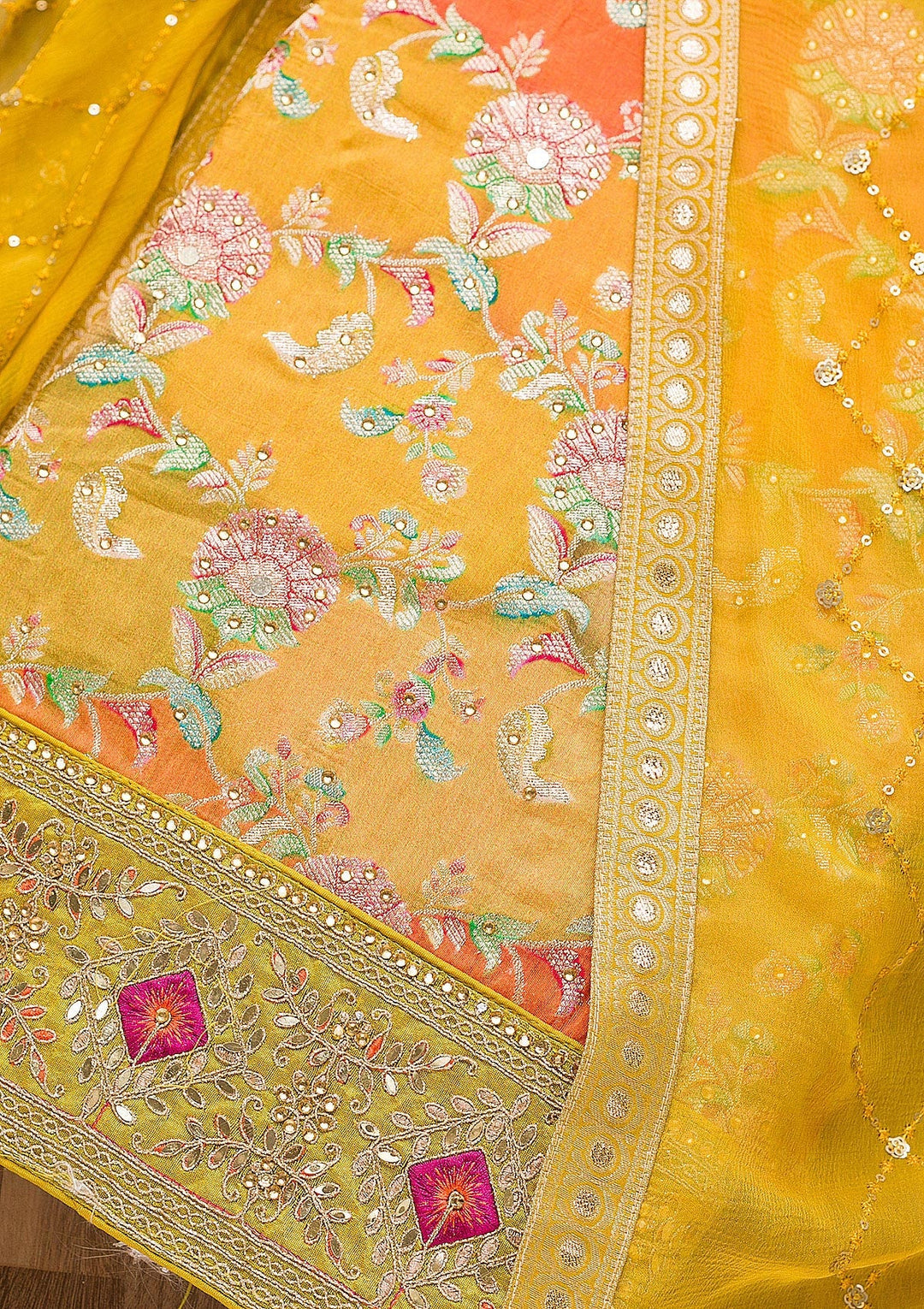 Mustard Stonework Banarasi Silk Unstitched Salwar Suit-Koskii