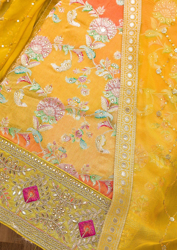 Mustard Stonework Banarasi Silk Unstitched Salwar Suit-Koskii
