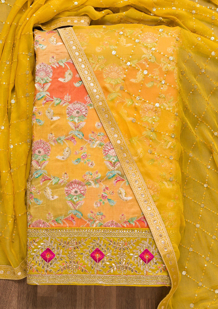 Mustard Stonework Banarasi Silk Unstitched Salwar Suit-Koskii