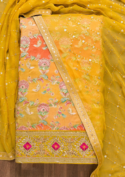 Mustard Stonework Banarasi Silk Unstitched Salwar Suit-Koskii