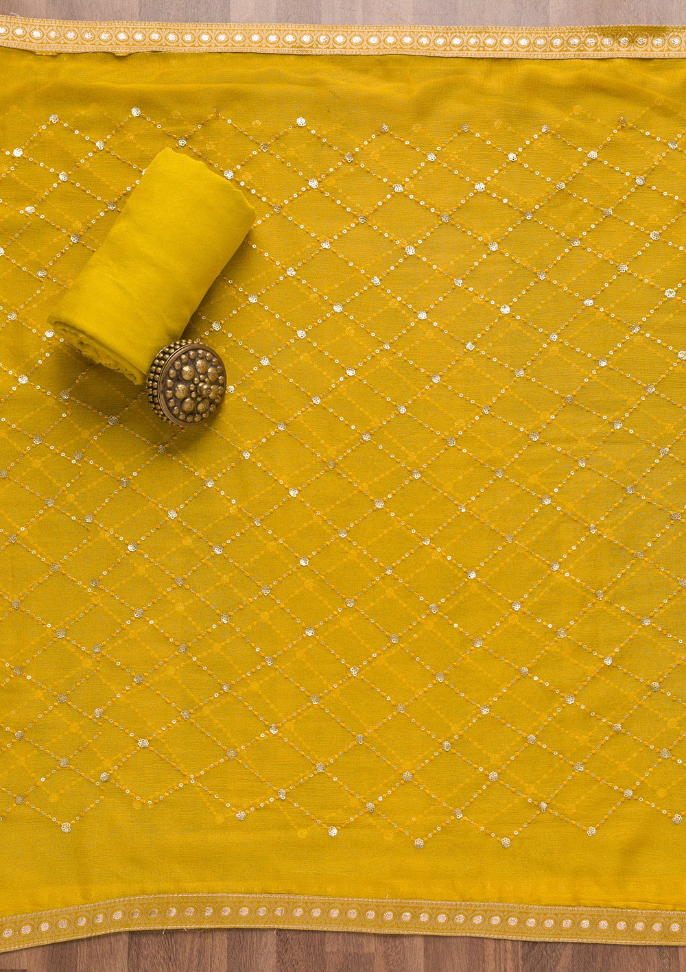 Mustard Stonework Banarasi Silk Unstitched Salwar Suit-Koskii