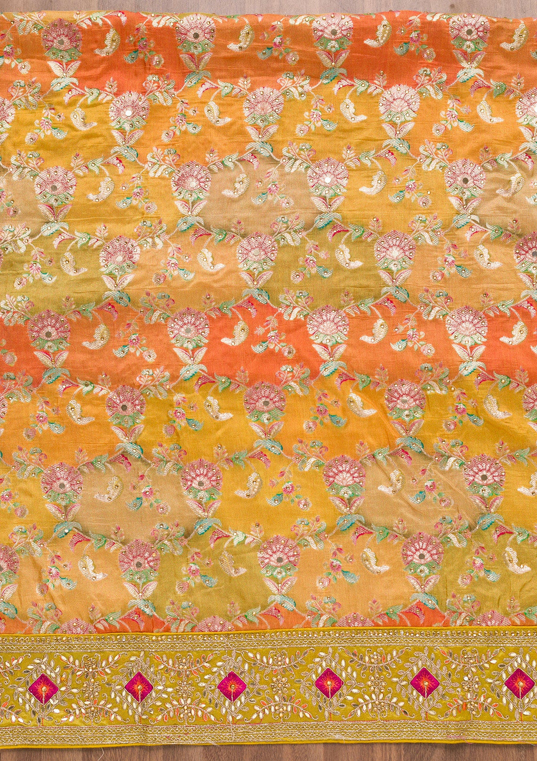 Mustard Stonework Banarasi Silk Unstitched Salwar Suit-Koskii