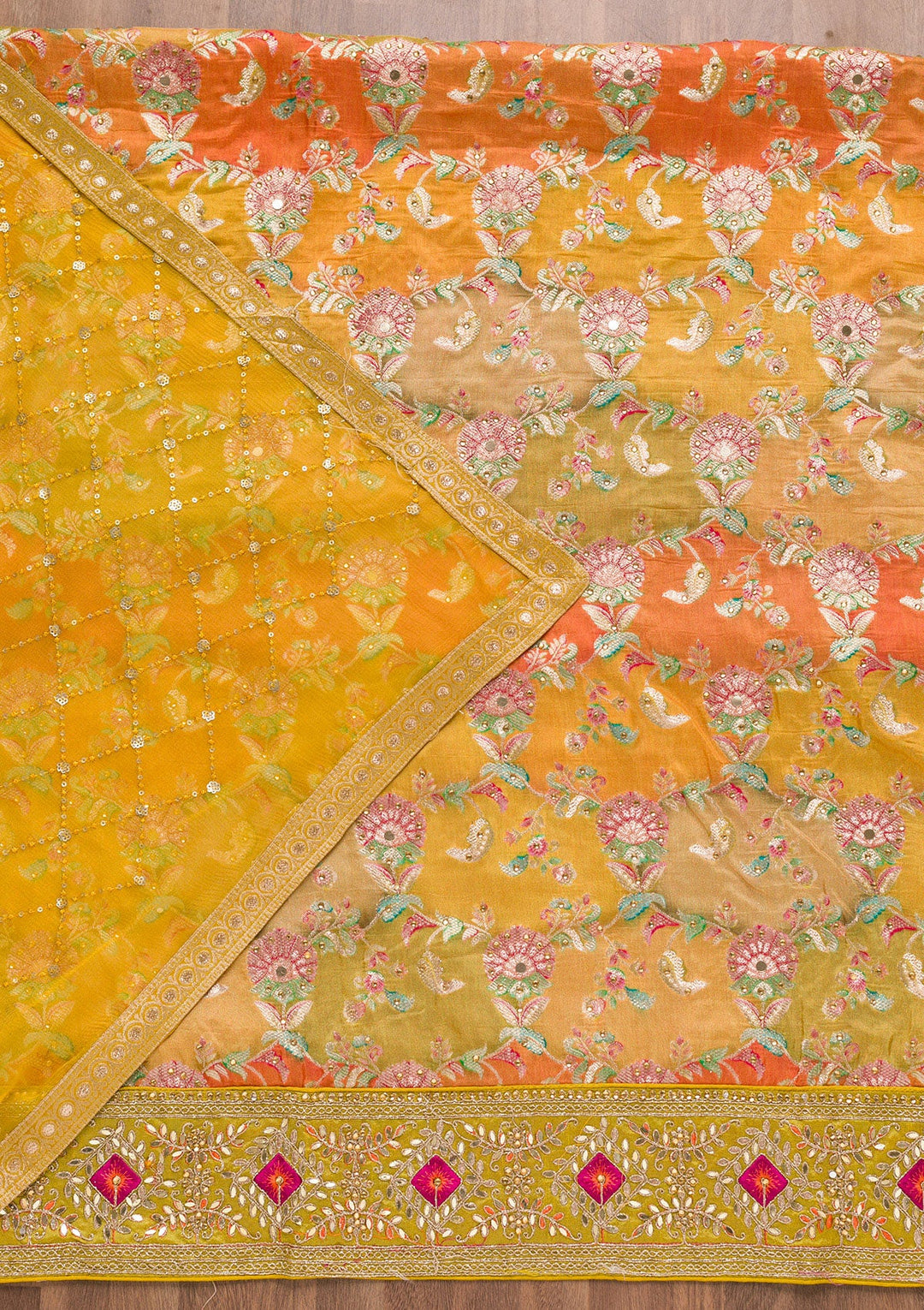 Mustard Stonework Banarasi Silk Unstitched Salwar Suit-Koskii