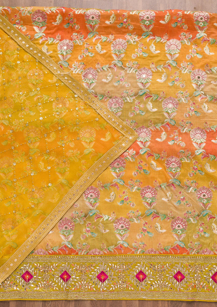 Mustard Stonework Banarasi Silk Unstitched Salwar Suit-Koskii