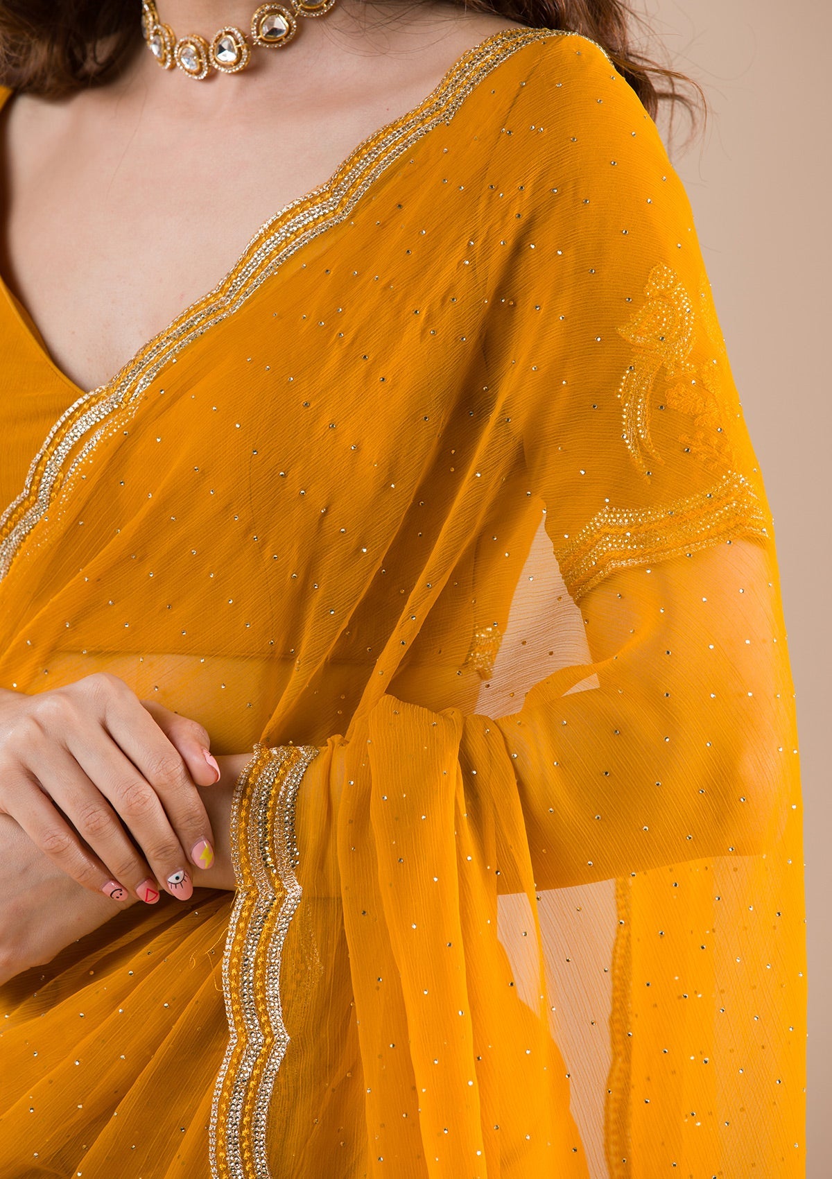 Mustard Stonework Chiffon Saree-Koskii