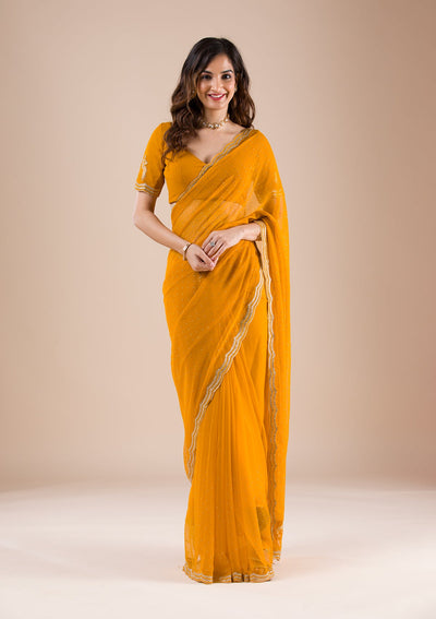 Mustard Stonework Chiffon Saree-Koskii