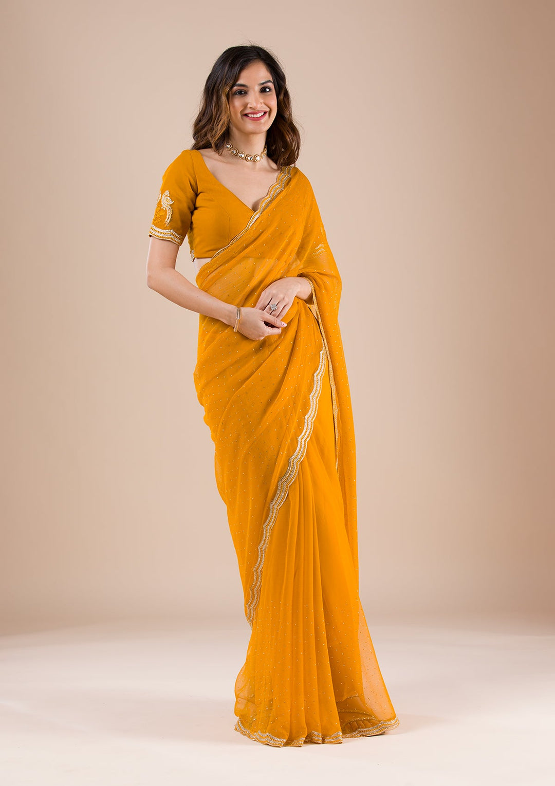 Mustard Stonework Chiffon Saree-Koskii
