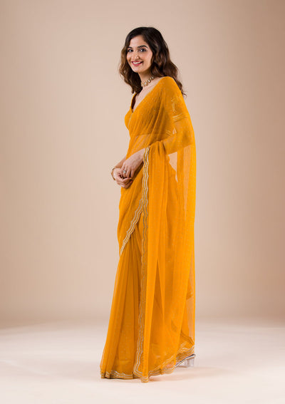 Mustard Stonework Chiffon Saree-Koskii