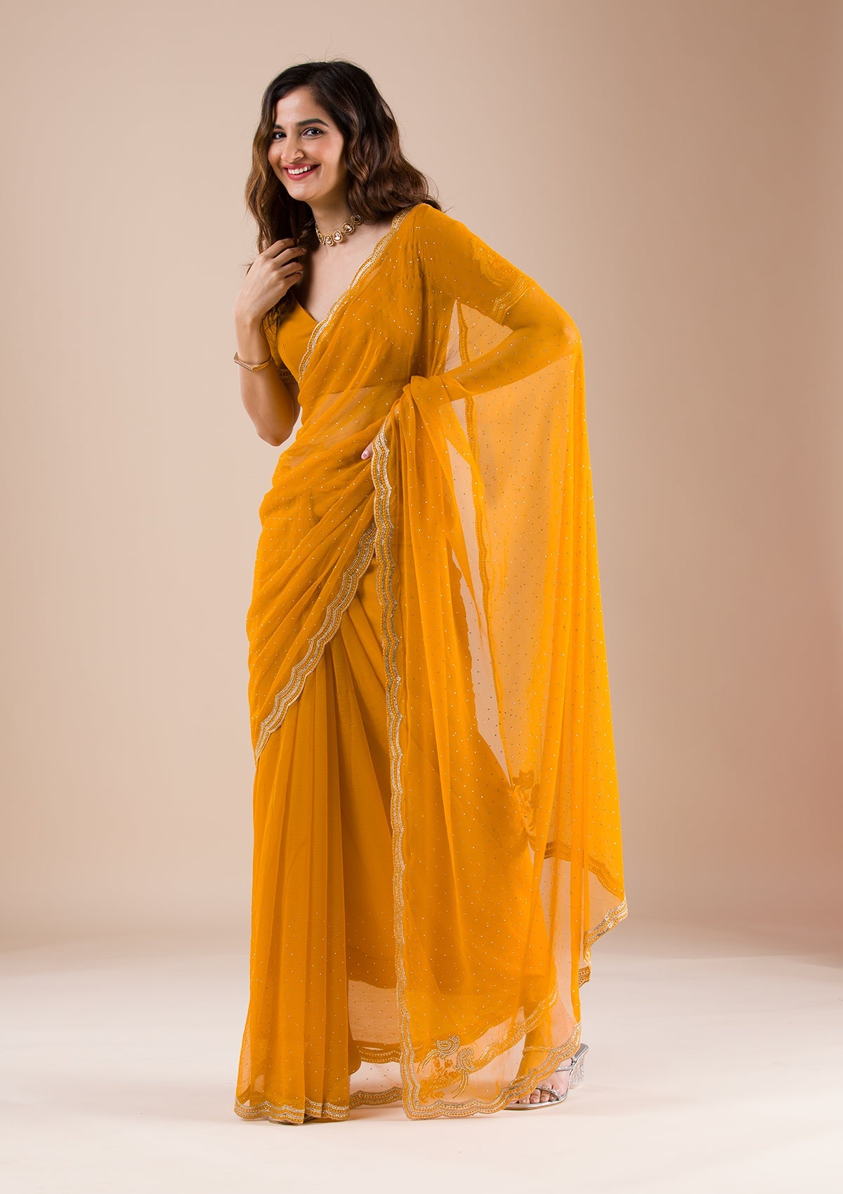 Mustard Stonework Chiffon Saree-Koskii