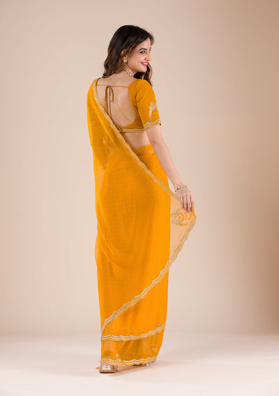 Mustard Stonework Chiffon Saree-Koskii