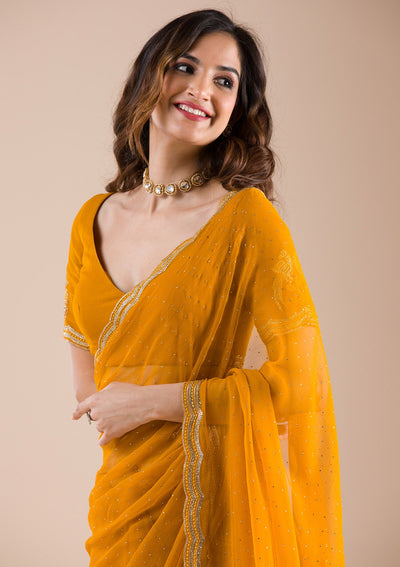 Mustard Stonework Chiffon Saree-Koskii