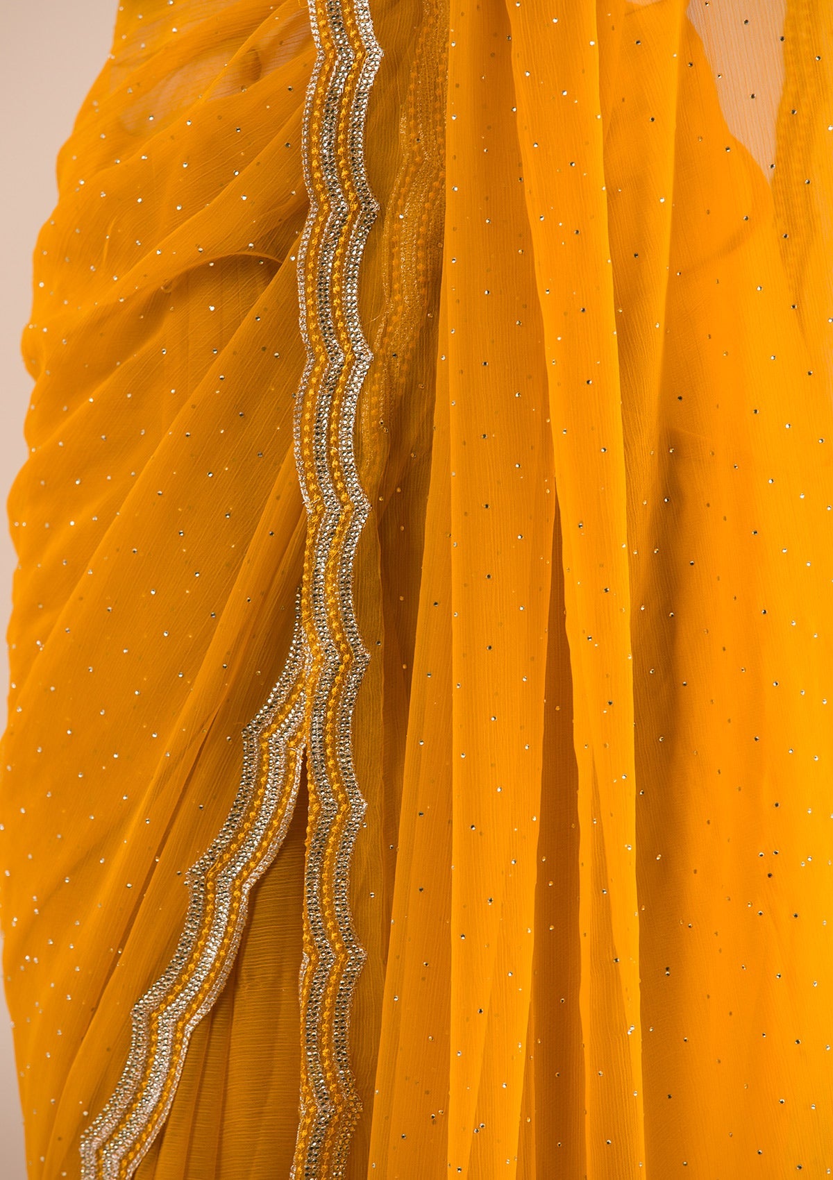 Mustard Stonework Chiffon Saree-Koskii