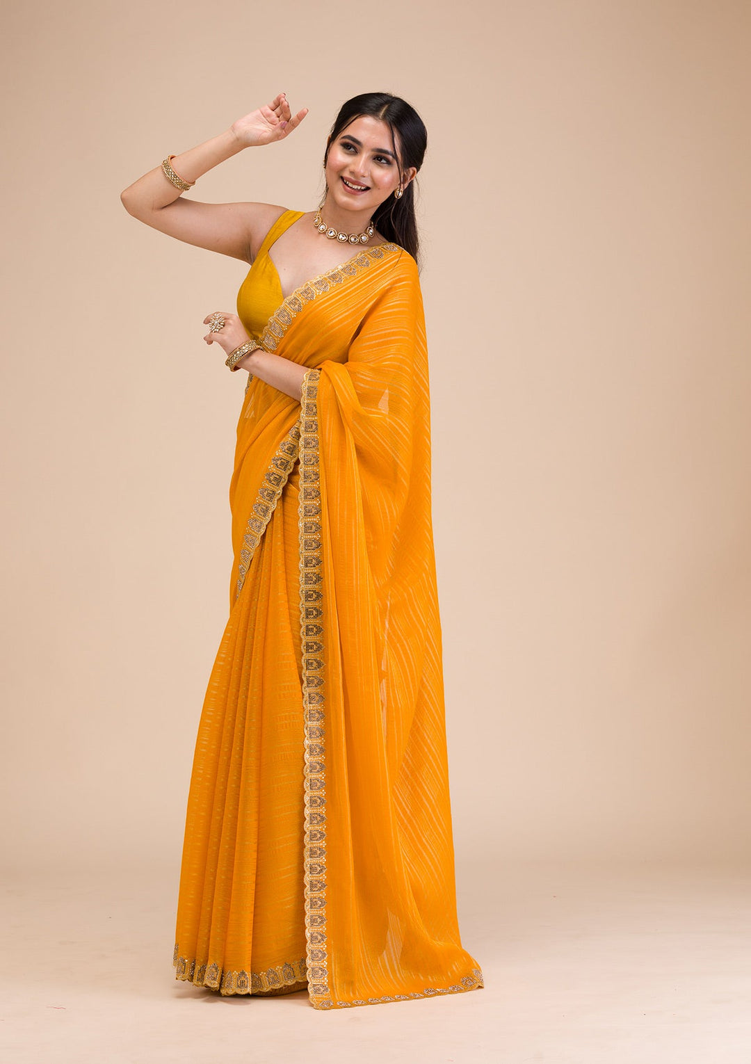 Mustard Stonework Georgette Saree-Koskii