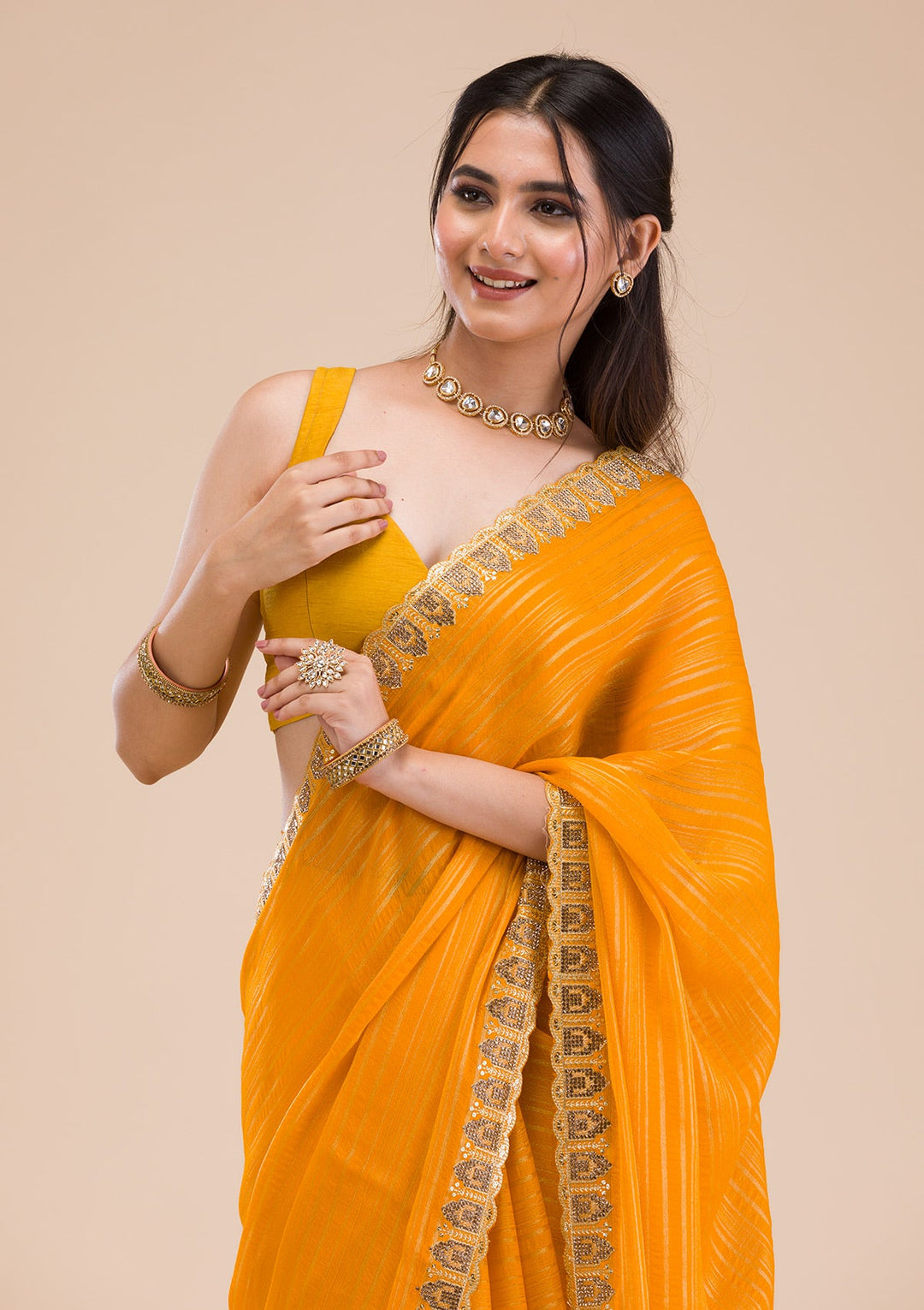 Mustard Stonework Georgette Saree-Koskii