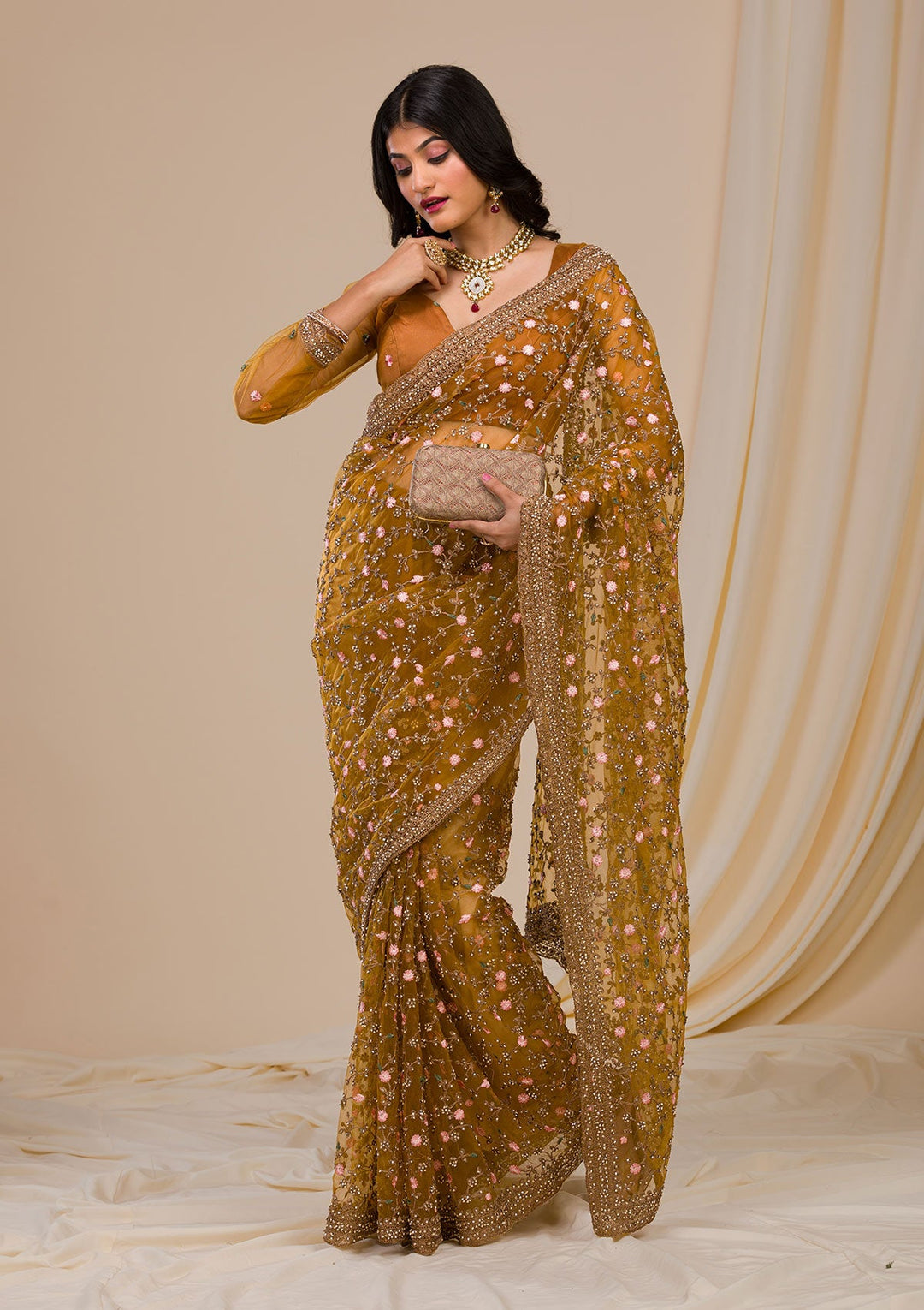 Mustard Stonework Net Saree-Koskii
