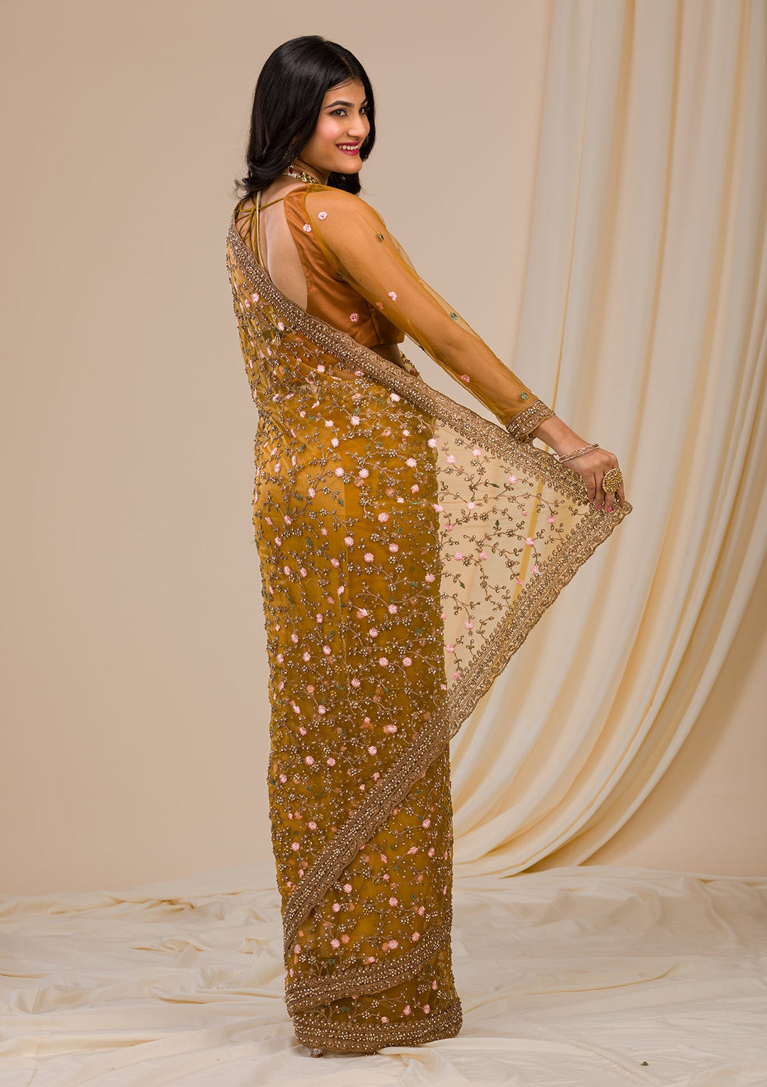 Mustard Stonework Net Saree-Koskii