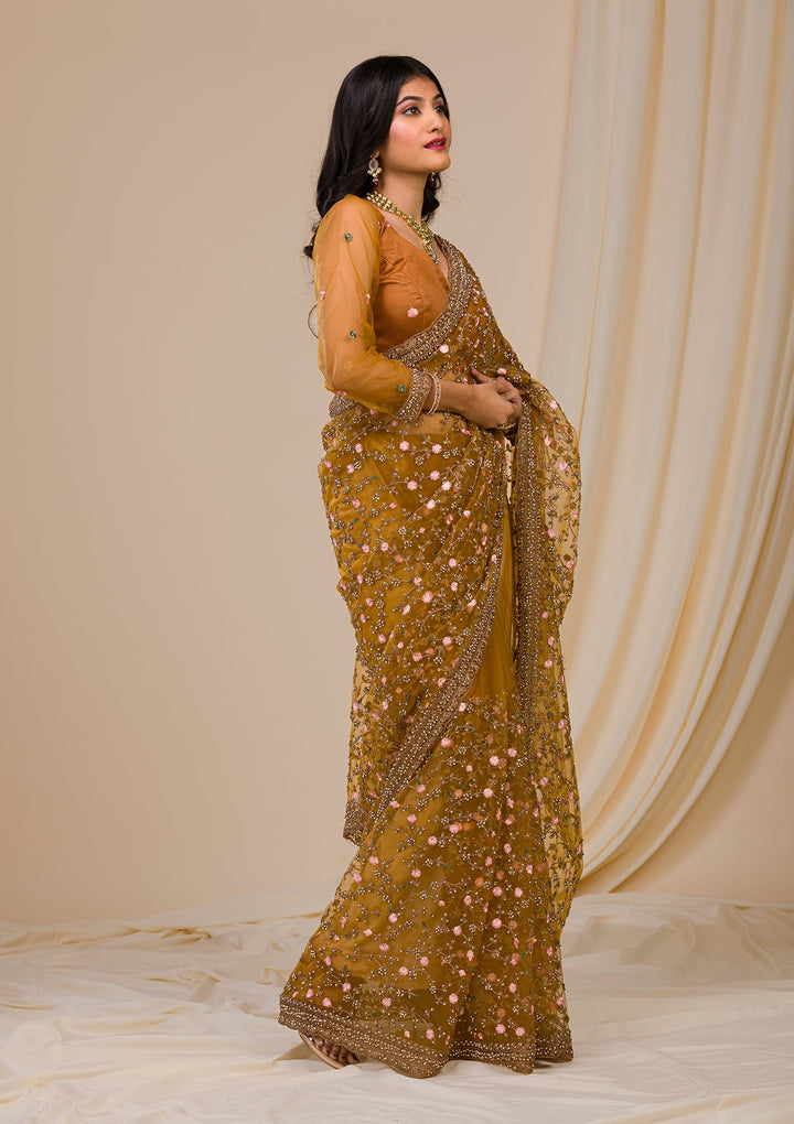 Mustard Stonework Net Saree-Koskii