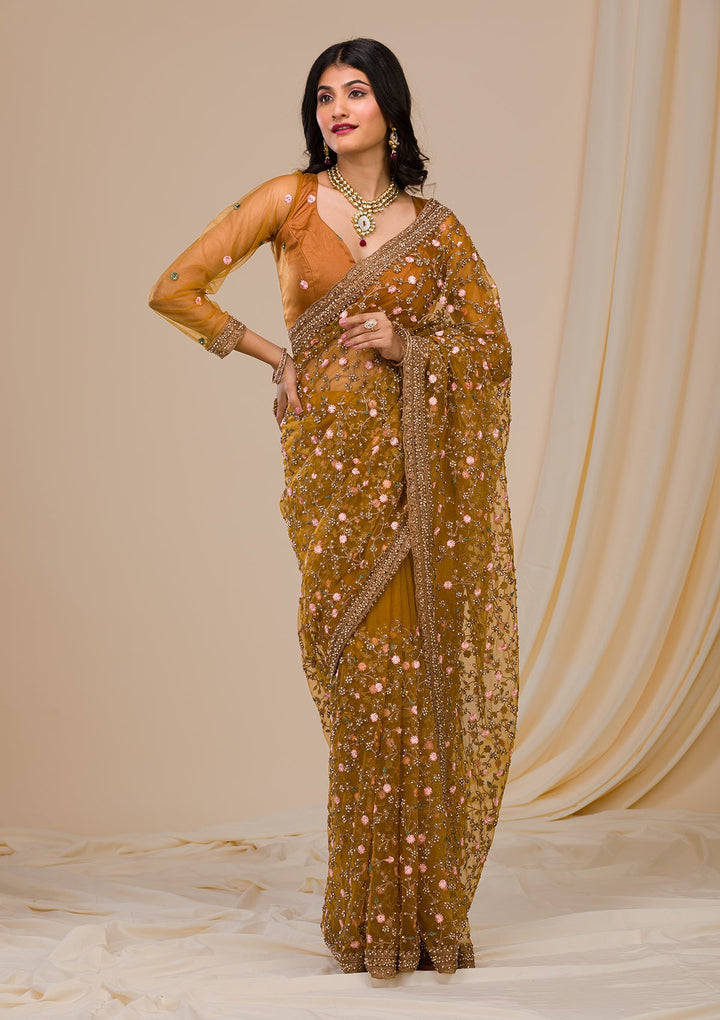 Mustard Stonework Net Saree-Koskii