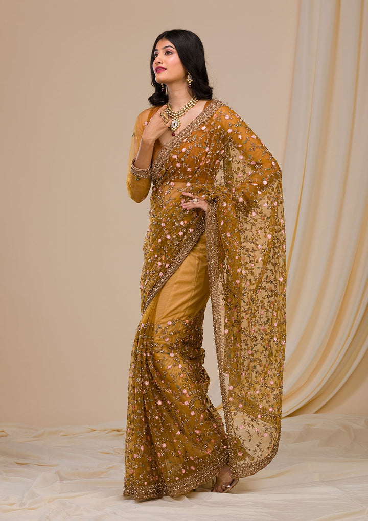 Mustard Stonework Net Saree-Koskii