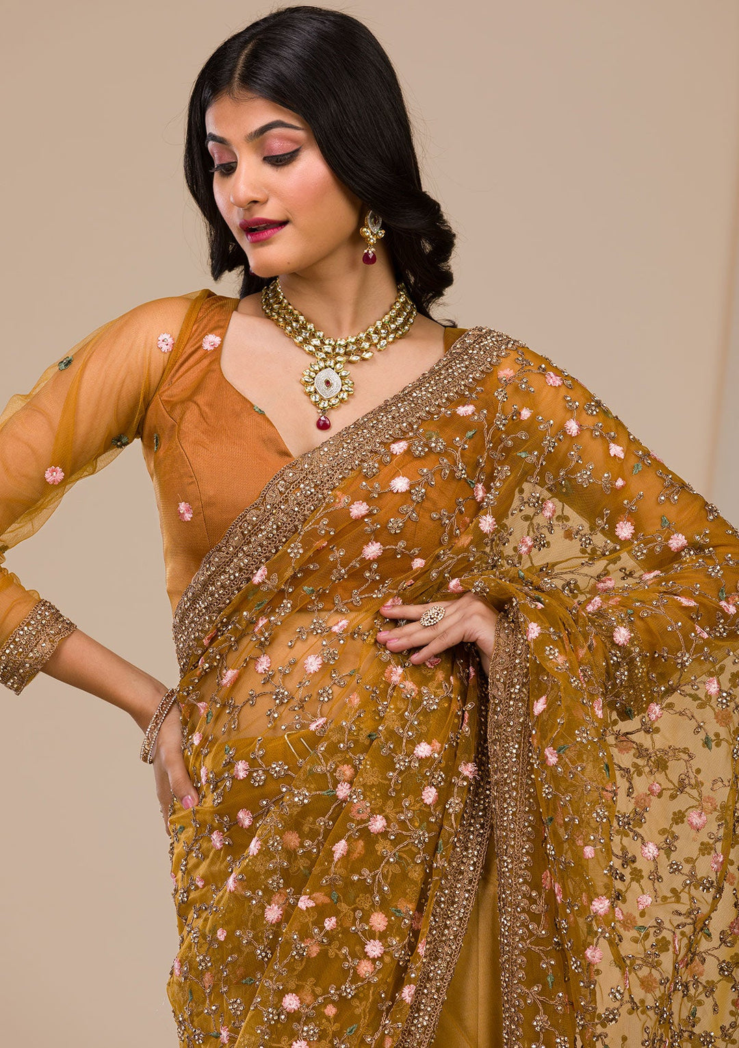 Mustard Stonework Net Saree-Koskii