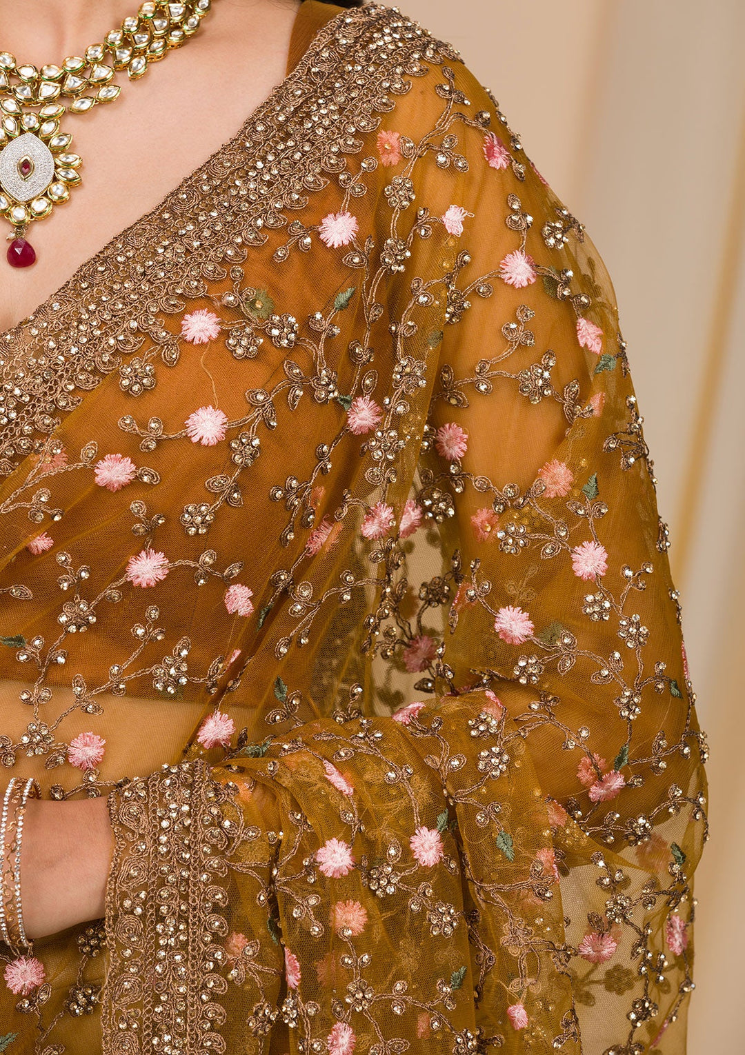 Mustard Stonework Net Saree-Koskii