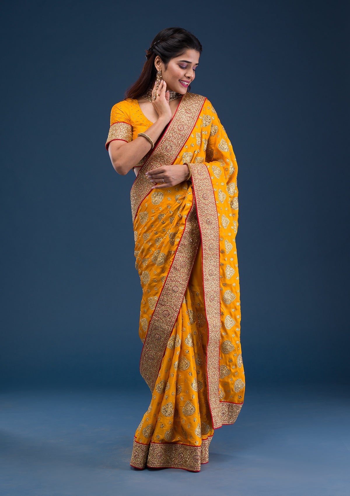 Mustard Stonework Satin Saree-Koskii