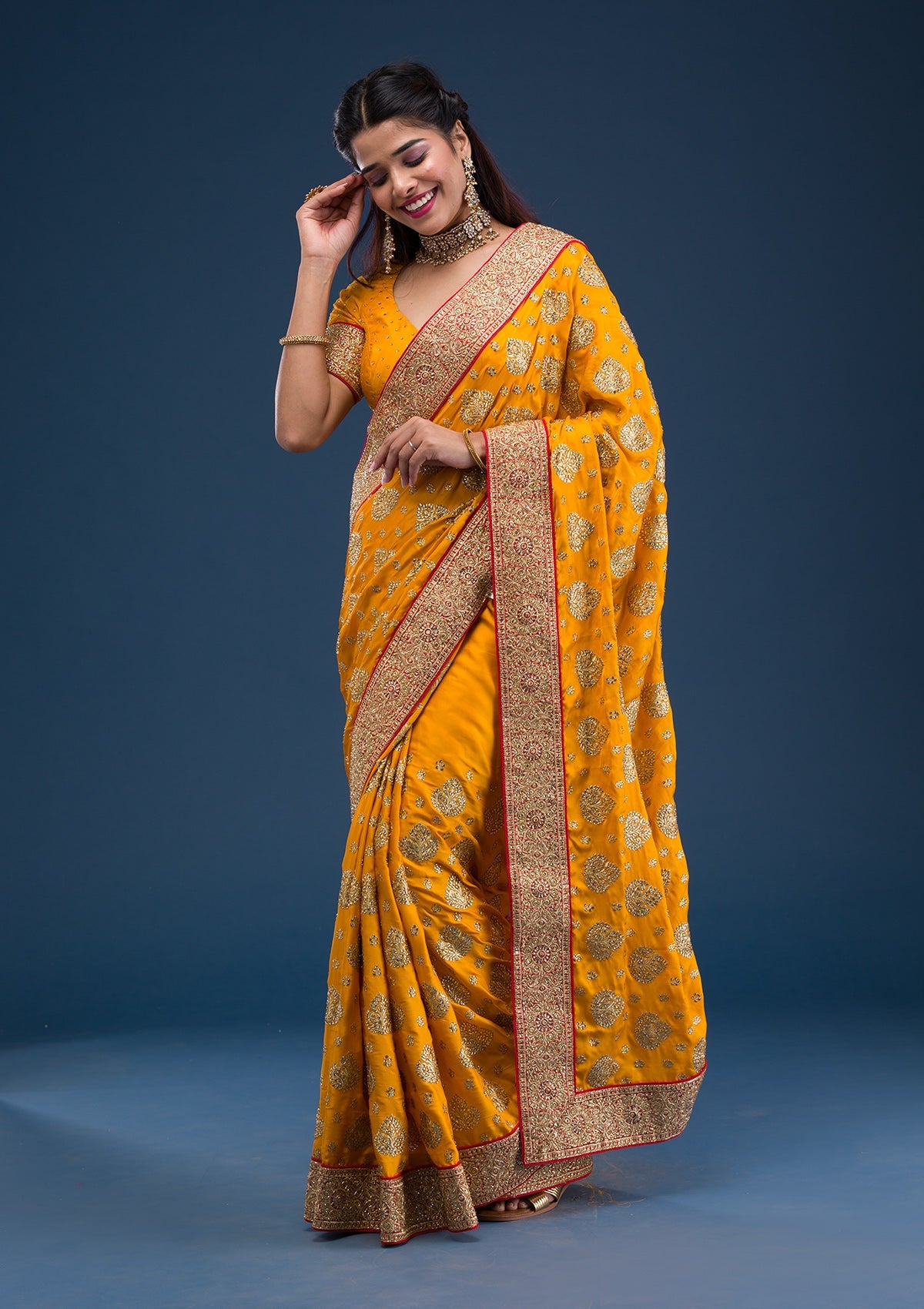 Mustard Stonework Satin Saree-Koskii