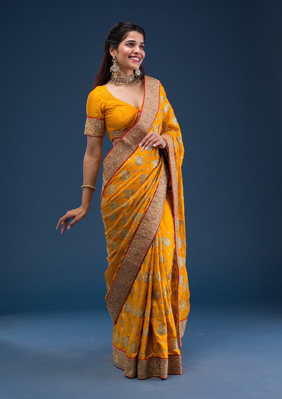 Mustard Stonework Satin Saree-Koskii