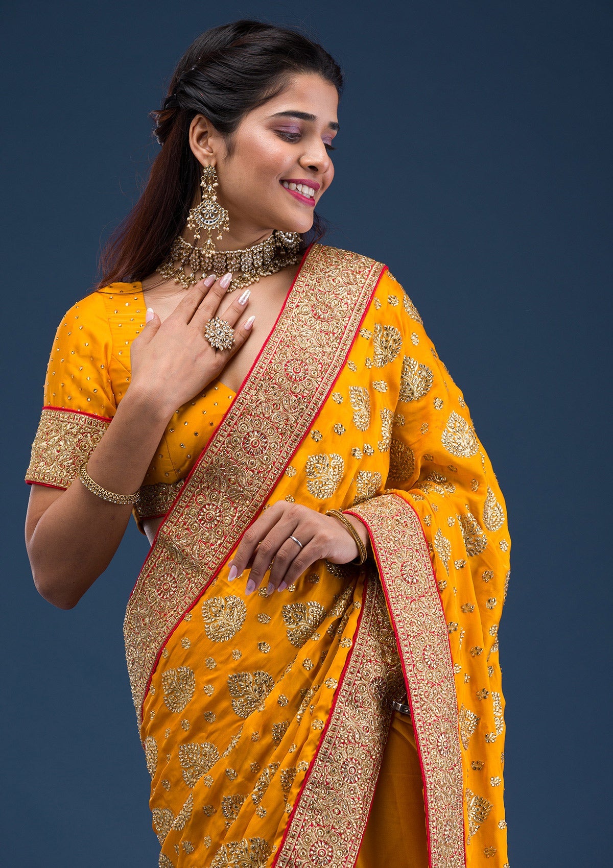 Mustard Stonework Satin Saree-Koskii