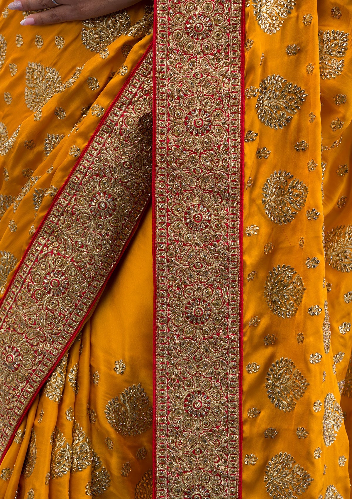 Mustard Stonework Satin Saree-Koskii