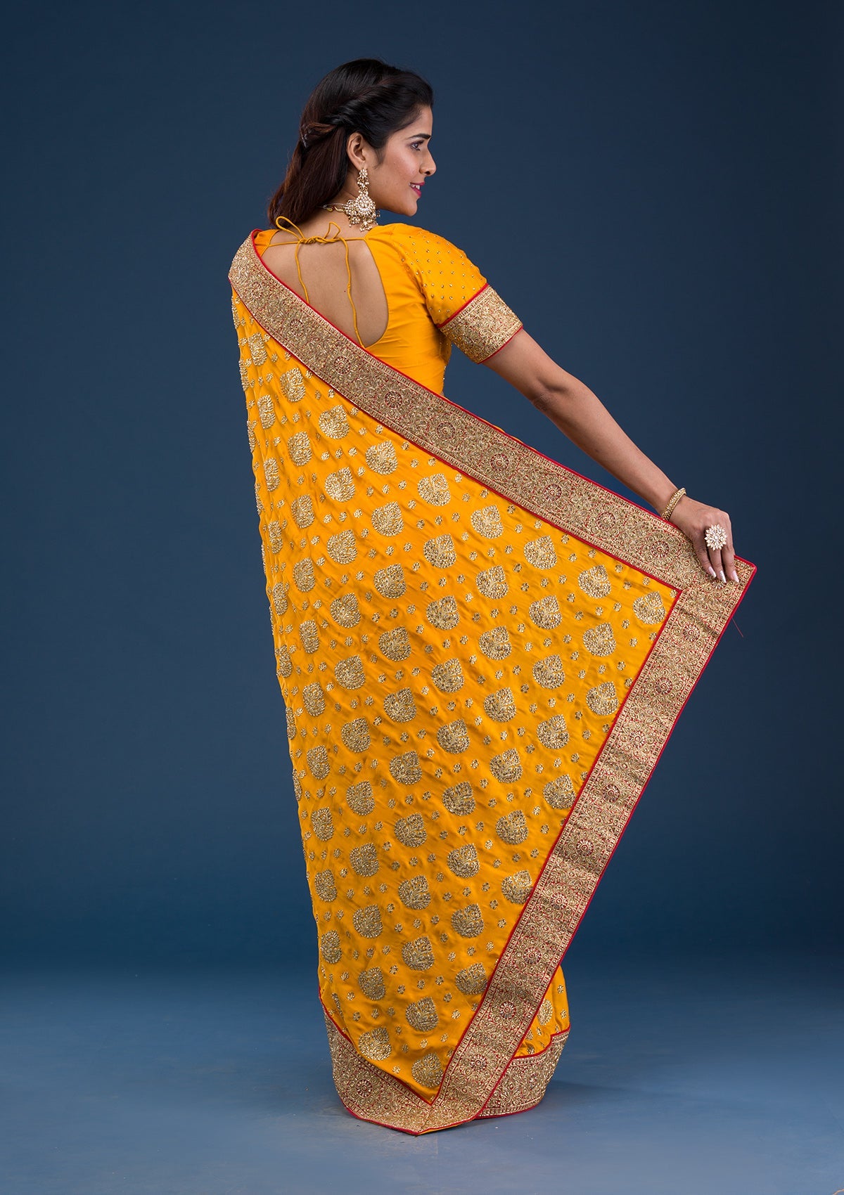 Mustard Stonework Satin Saree-Koskii