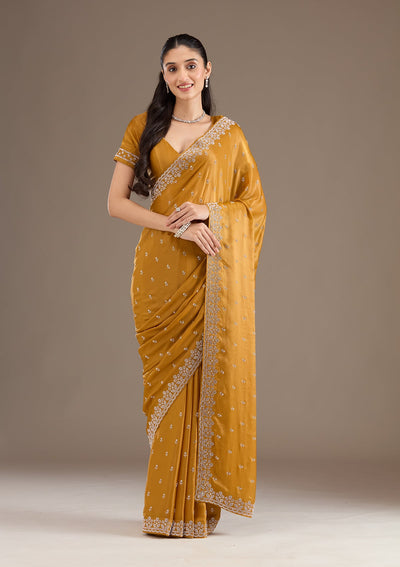 Mustard Stonework Satin Saree-Koskii