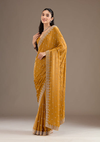 Mustard Stonework Satin Saree-Koskii