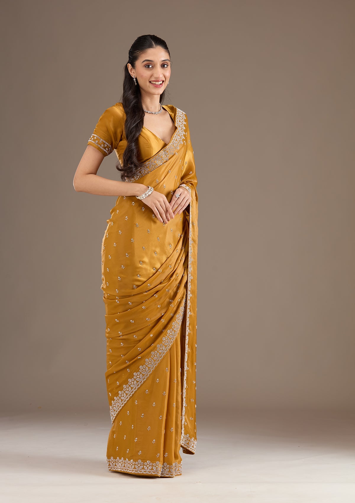 Mustard Stonework Satin Saree-Koskii