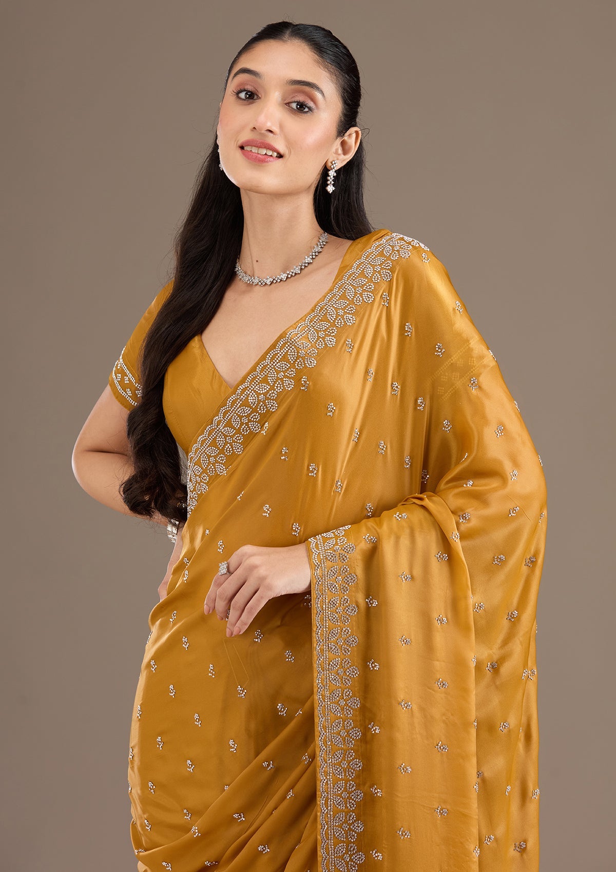 Mustard Stonework Satin Saree-Koskii