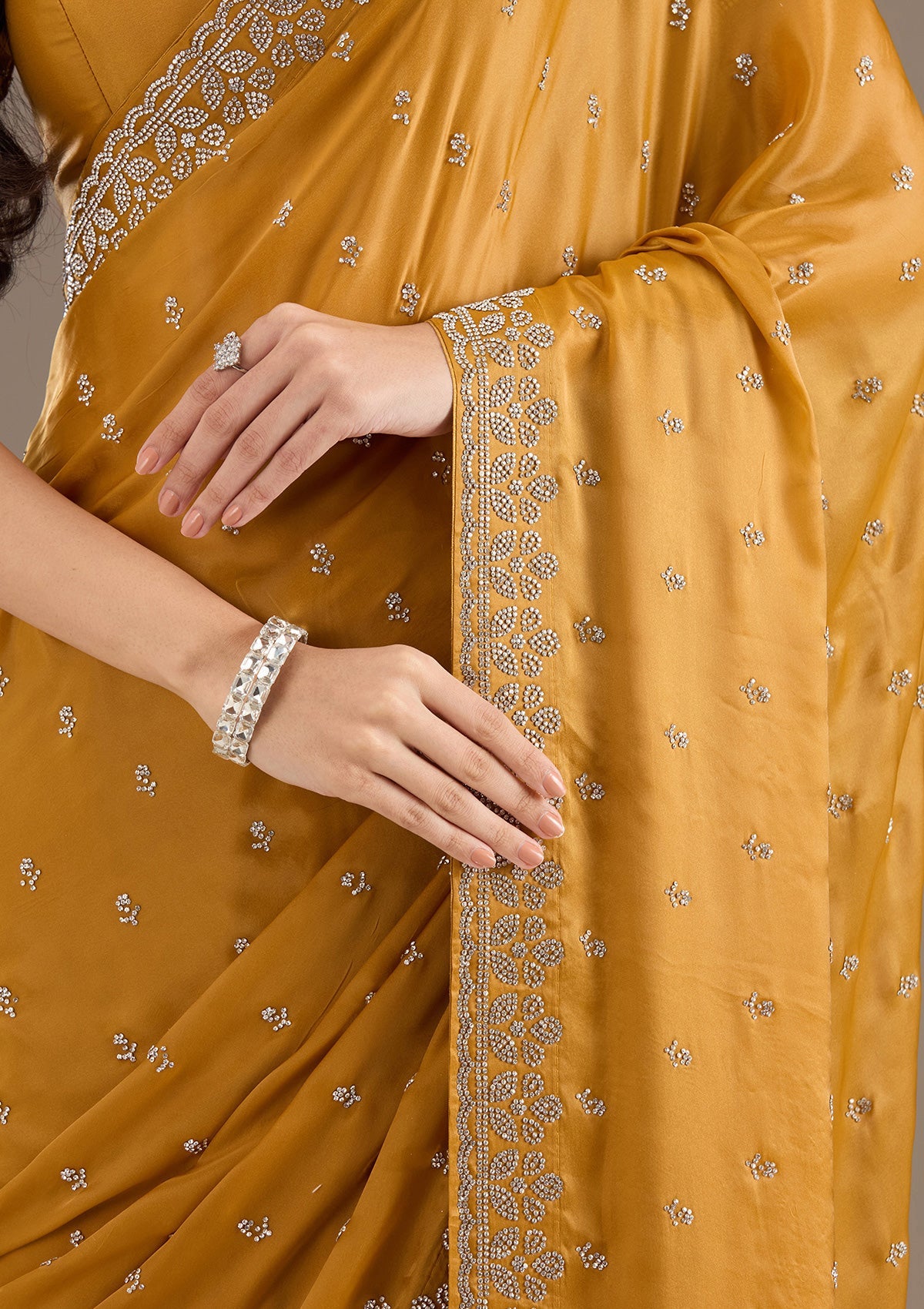 Mustard Stonework Satin Saree-Koskii