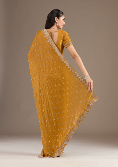 Mustard Stonework Satin Saree-Koskii