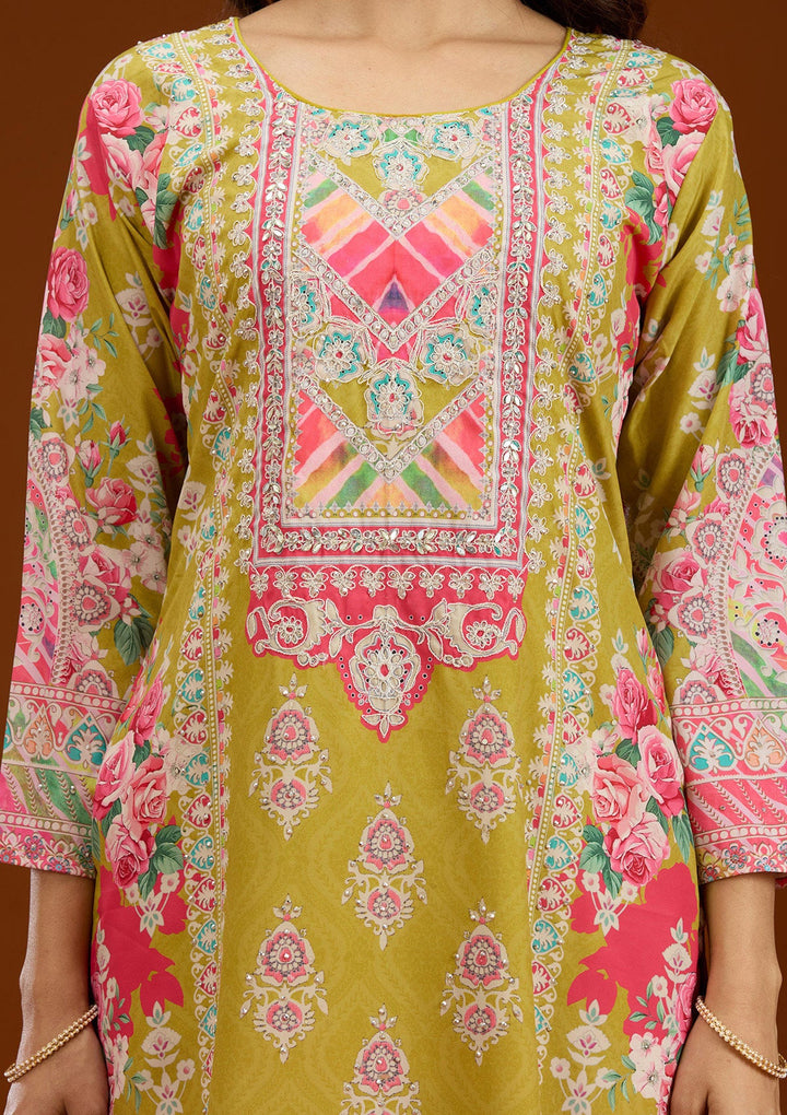 Mustard Stonework Semi Crepe Readymade Salwar Suit-Koskii