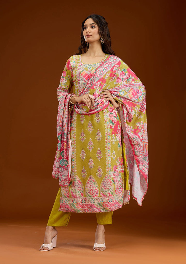 Mustard Stonework Semi Crepe Readymade Salwar Suit-Koskii