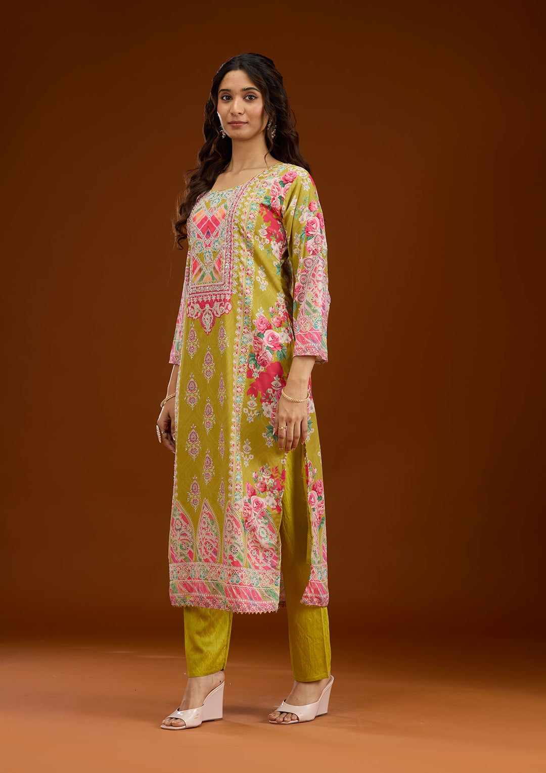 Mustard Stonework Semi Crepe Readymade Salwar Suit-Koskii
