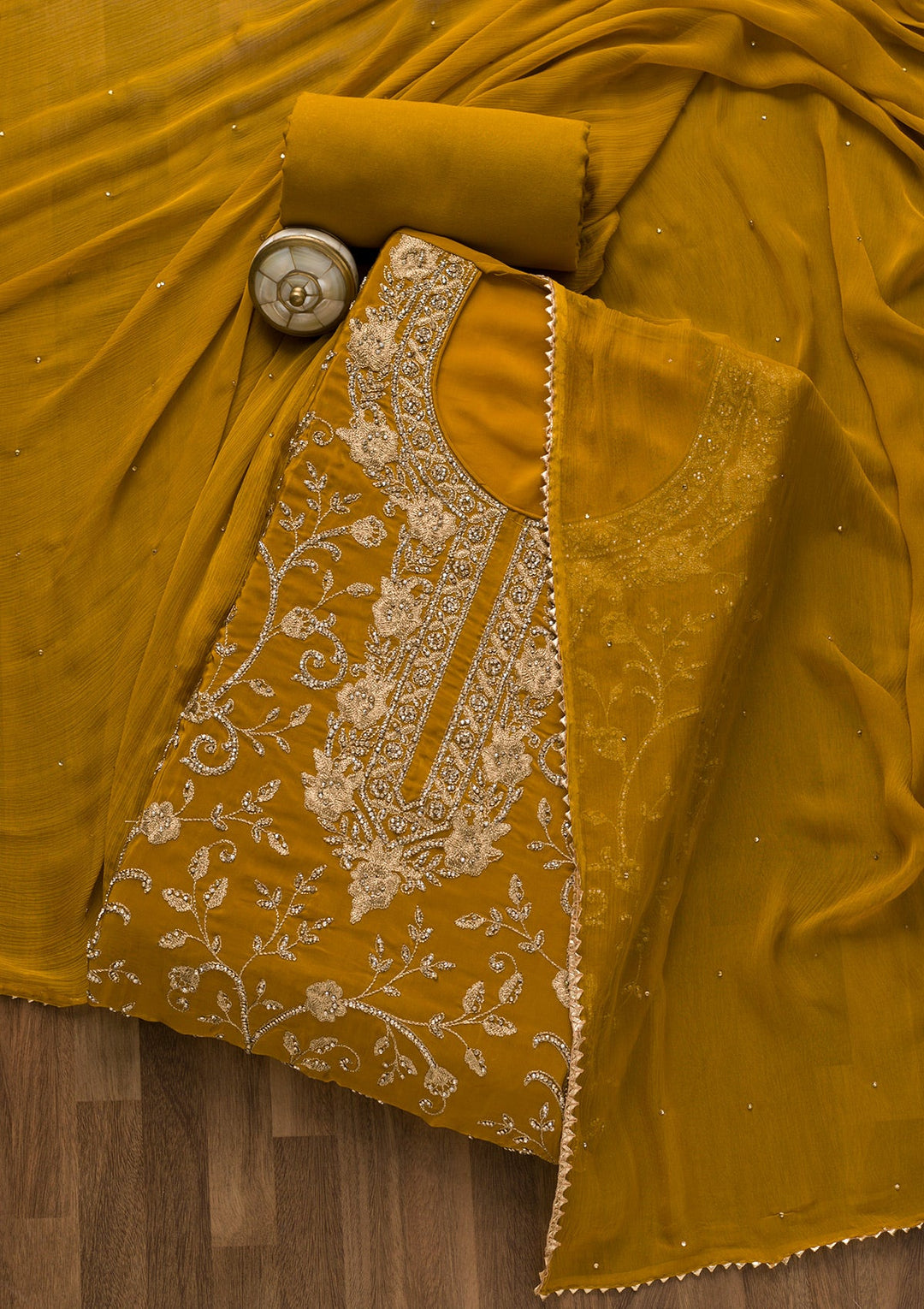 Mustard Stonework Semi Crepe Unstitched Salwar Suit-Koskii