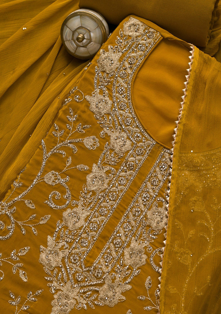 Mustard Stonework Semi Crepe Unstitched Salwar Suit-Koskii
