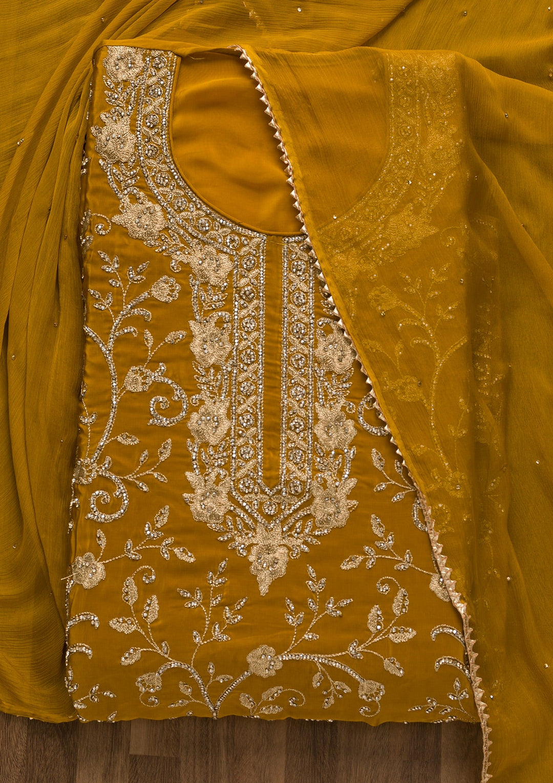 Mustard Stonework Semi Crepe Unstitched Salwar Suit-Koskii