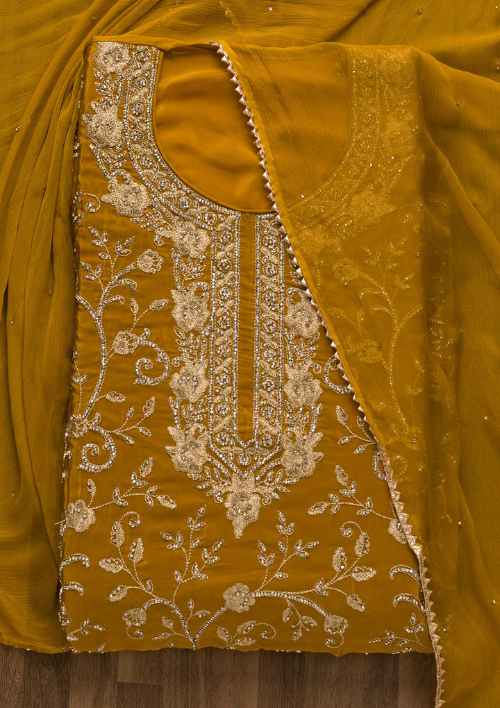 Mustard Stonework Semi Crepe Unstitched Salwar Suit-Koskii