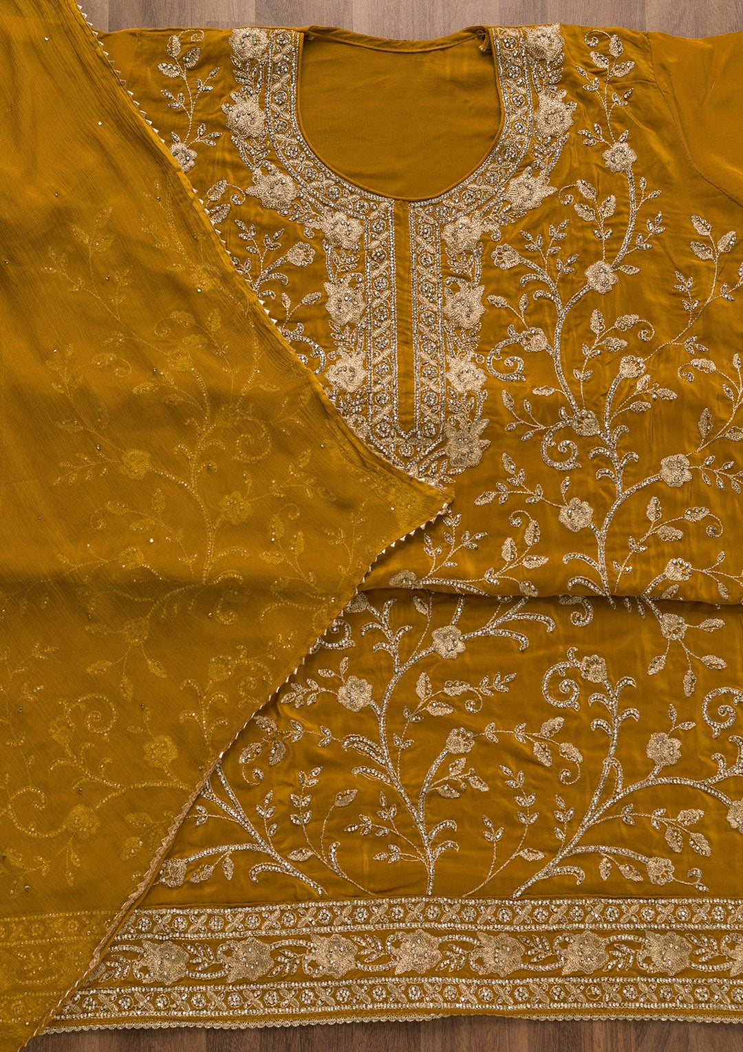 Mustard Stonework Semi Crepe Unstitched Salwar Suit-Koskii