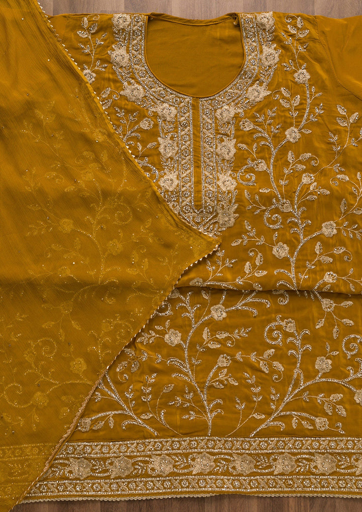 Mustard Stonework Semi Crepe Unstitched Salwar Suit-Koskii
