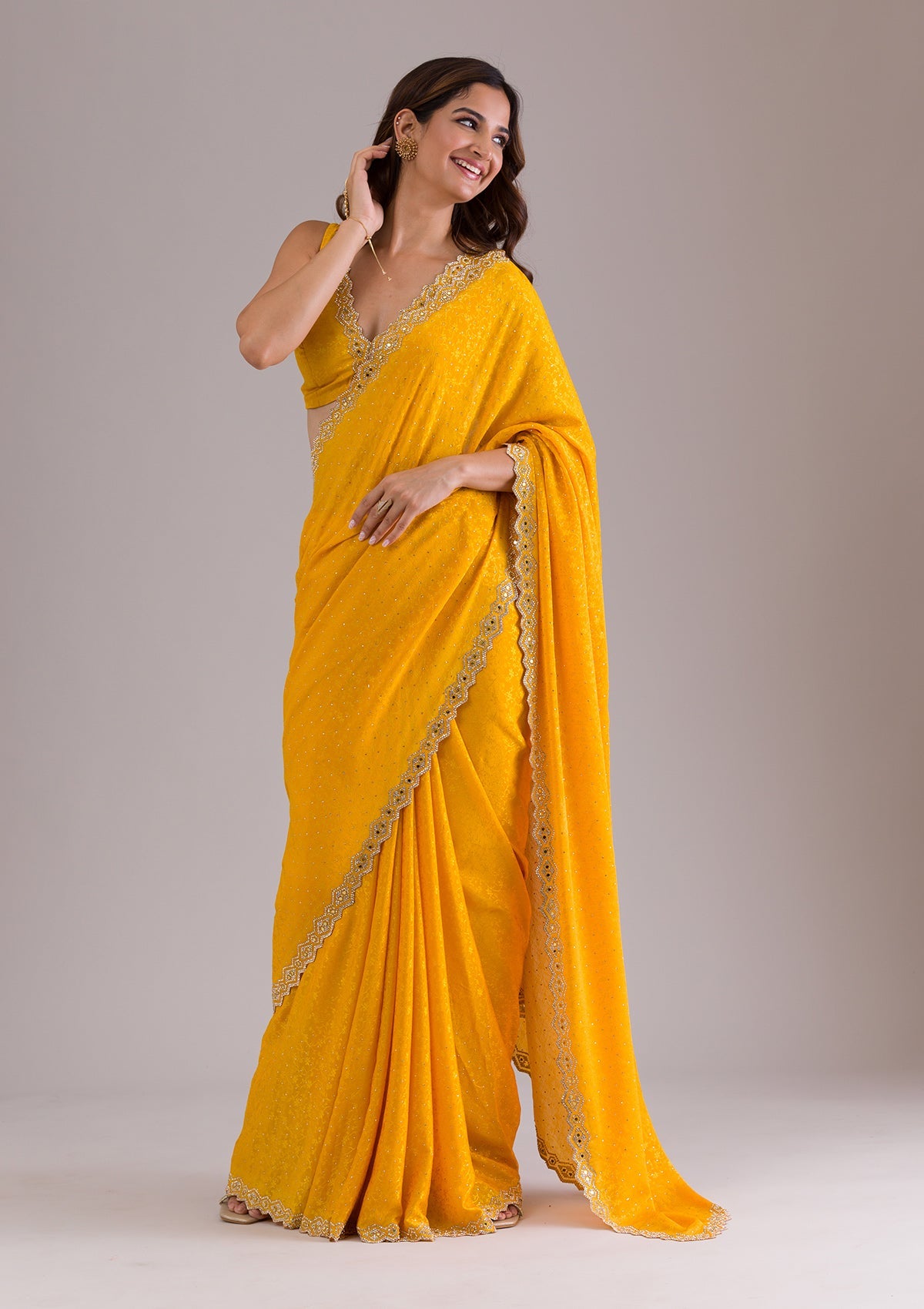 Mustard Stonework Semi Crepe Saree-Koskii