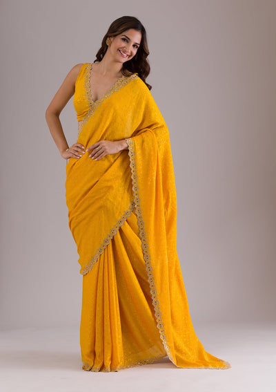 Mustard Stonework Semi Crepe Saree-Koskii