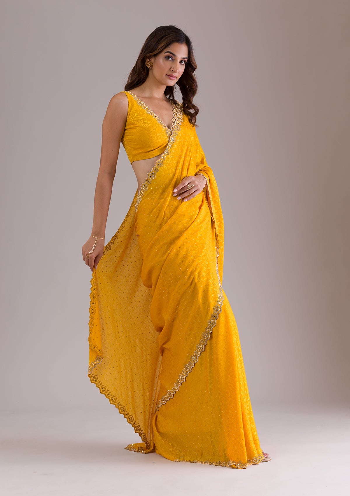 Mustard Stonework Semi Crepe Saree-Koskii